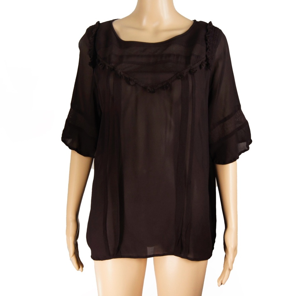 Munthe Semi Sheer Dark Brown Boho Ruffle Trim Short Sleeve Top